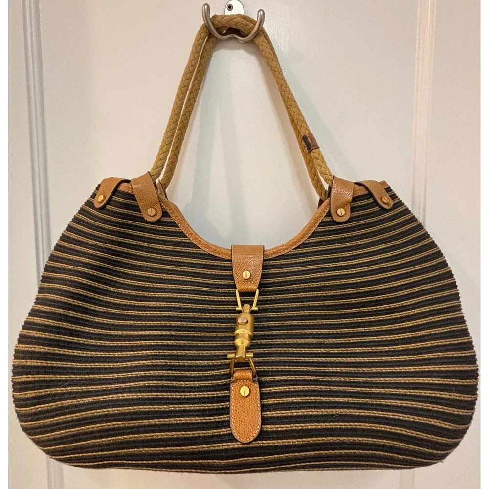 Eric Javits New York Squishee Striped Hobo Bag Black Gold Tan Leather Trim